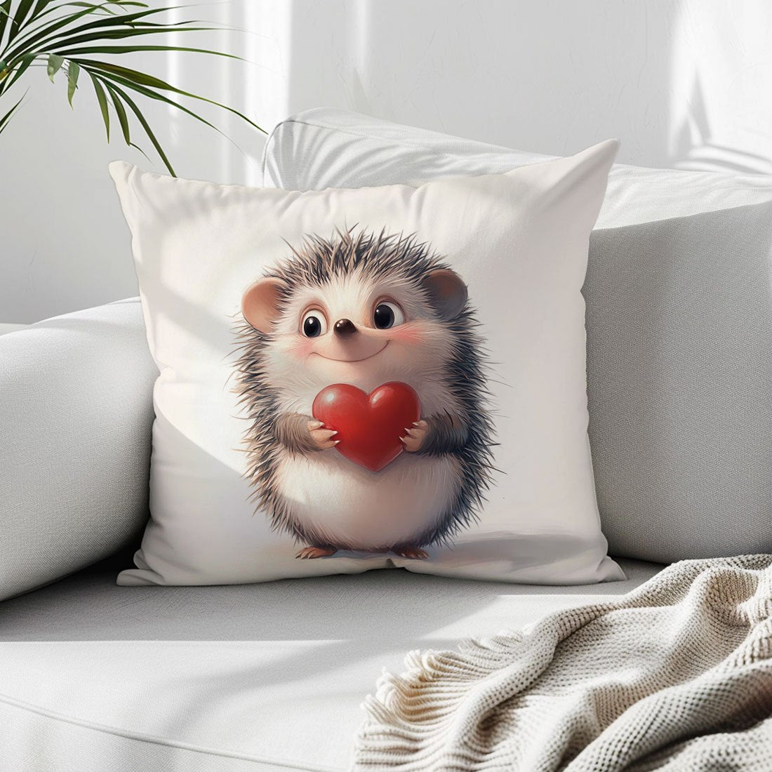 Hedgehog & heart print throw pillow cover, 44.96x44.96cm - Ideal for living room or bedroom decor. Made of machine washable polyester with zip closure. Insert not included.