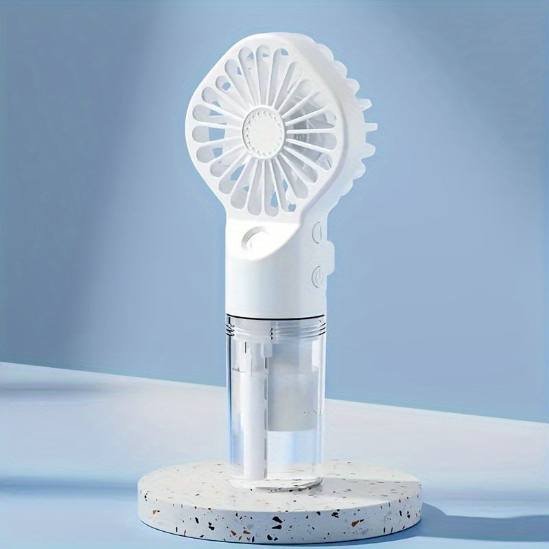 Portable Handheld Misting Fan with USB Rechargeable Battery - Plastic Bladeless Mini Face Steamer Fan ideal for Indoor & Outdoor Use, Features Button Control, 800mAh Lithium Battery, and Comes with Power Cord included.