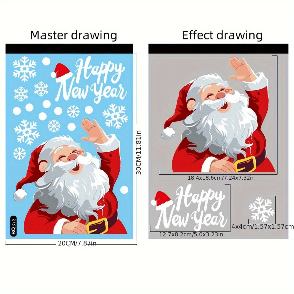 Set of Christmas window clings featuring PVC static Santa Claus and reindeer decals, along with a freestanding festive rabbit theme decor. These non-electric, featherless decals are perfect for adding a touch of holiday cheer to your home. Use them to