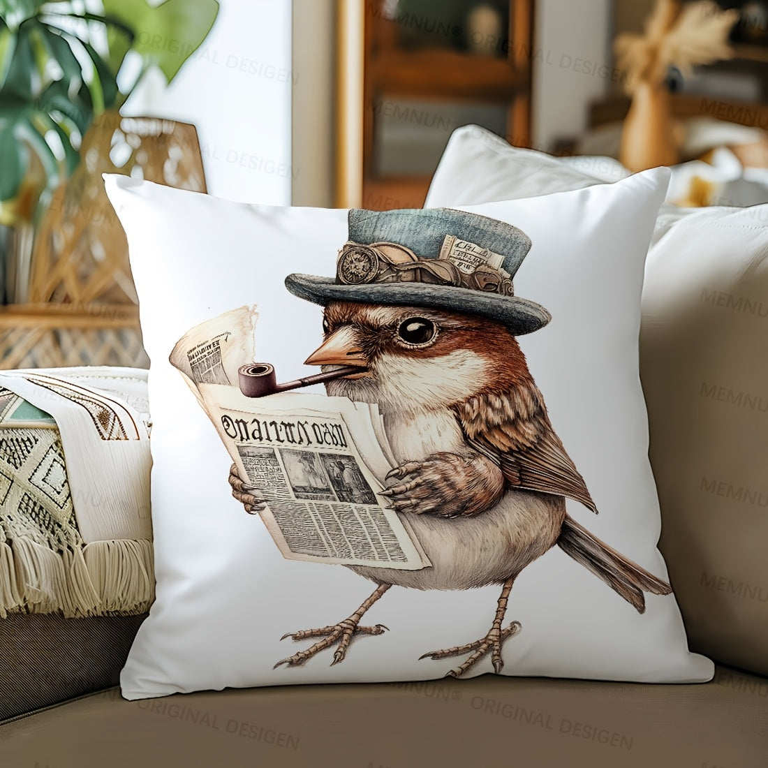 1pc of 44.96x44.96cm Single-Sided Printed Cushion Cover featuring Smoking Robin Retro Style. Made of polyester, zipper closure, machine washable. Ideal for living room, sofa, bedroom decor with contemporary flair.