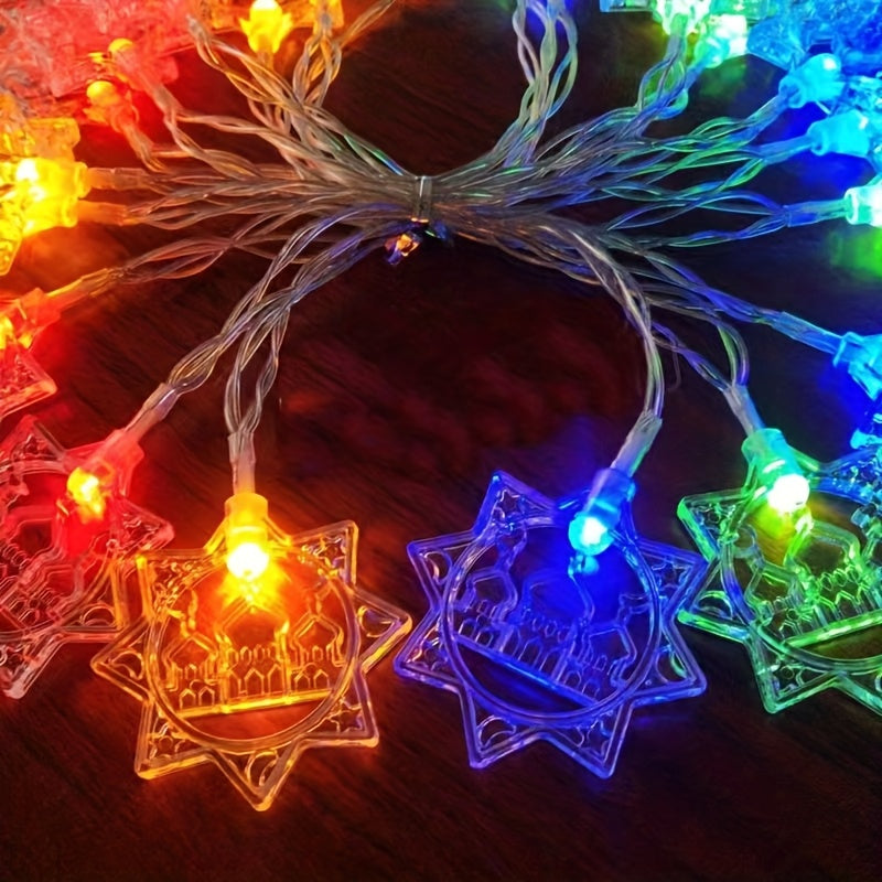 Battery-powered LED string lights with a golden Islamic-themed design featuring stars and moons, perfect for Ramadan, Diwali, and holiday décor. Made of plastic, switch-controlled, and