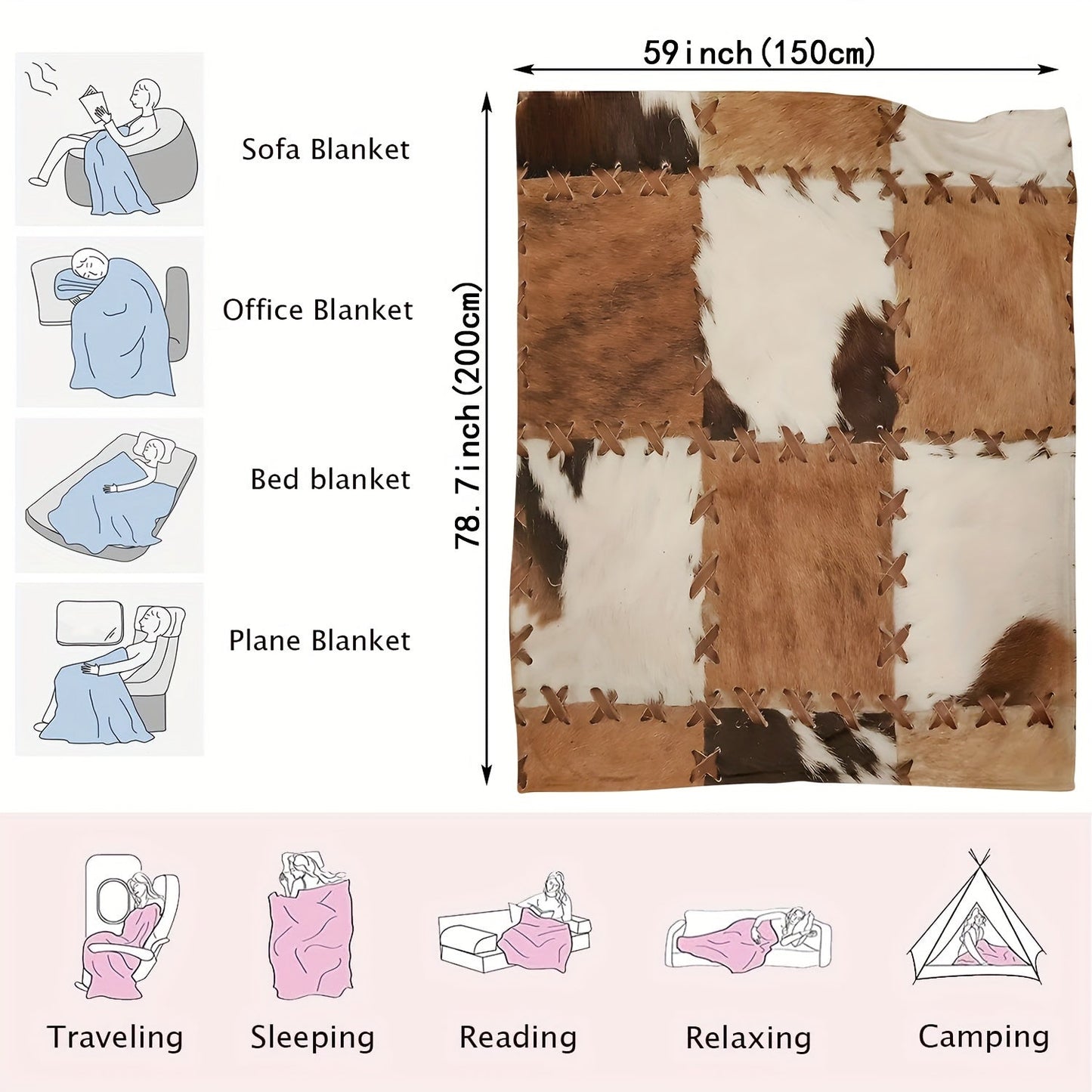 Soft and cozy flannel faux animal fur patchwork printed blanket shawl that can be used as a casual sofa blanket, nap throw blanket, lunch break blanket, or multipurpose blanket. Skin-friendly and comfortable.