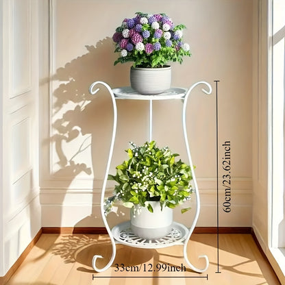 Elegant double-tier metal stand with hanging decorative container for home and garden decor. Durable and lightweight, suitable for indoor and outdoor use.