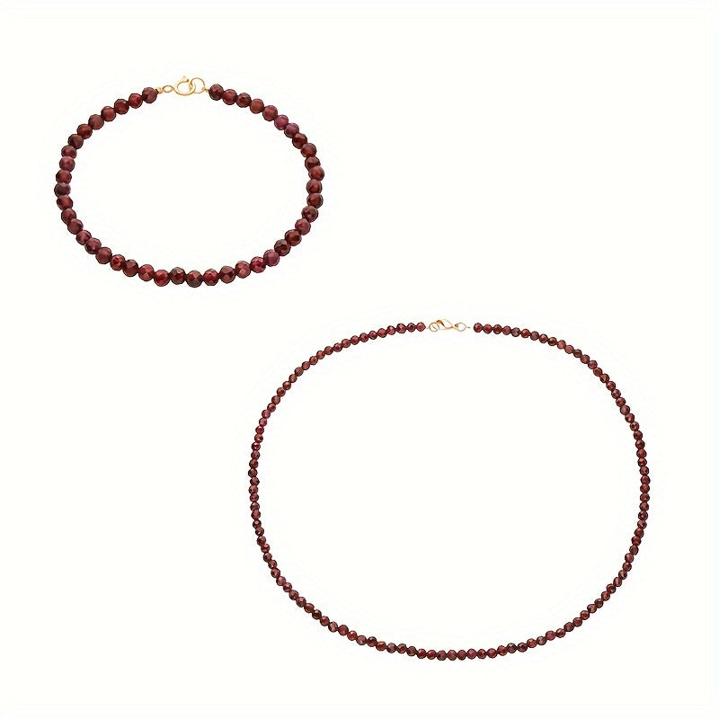 Handmade Garnet Jewelry Set with Simple Boho Style - Includes Faceted Crystal Beaded Necklace and Bracelet - Perfect for Daily Wear and Gifting - Natural Gemstone Birthstone - Hypoallergenic - Dual Layer Silk Thread for a Stunning Wine Red Look.