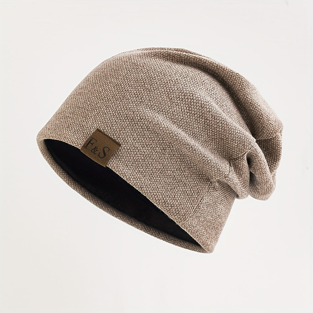 Christmas gift of a men's casual beanie hat made with a blend of cotton and soft, breathable polyester fabric. Features an alphabet pattern, high stretch, and is recommended for hand wash only.