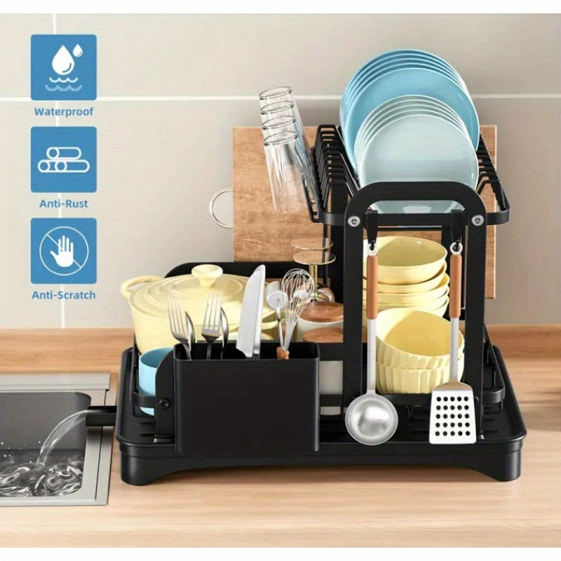 A steel dish rack set with two tiers, a draining board, and various kitchen accessories, designed for maximizing space and drying capacity above the kitchen sink and on the countertop.