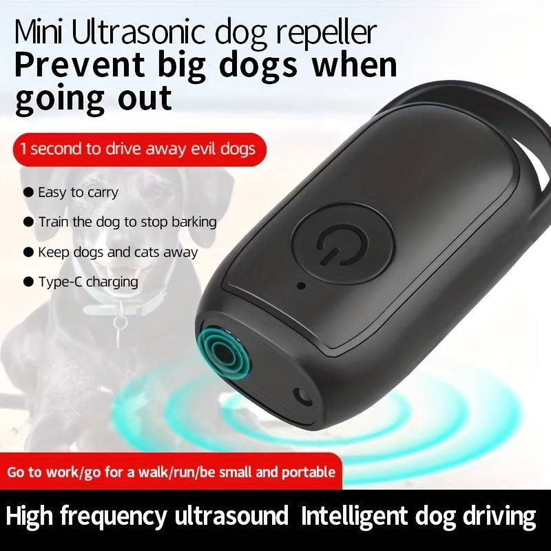 USB rechargeable dog training device with soundwave technology. Handheld, mini size for outdoor use. Features anti-barking control and safe distance control with LED light.