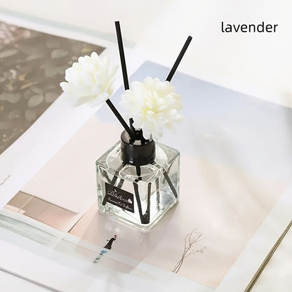 Elegant white floral diffuser with black sticks, versatile air freshener for bathroom, bedroom, car, and outdoor use. 1L capacity, glass container, indoor aesthetic.