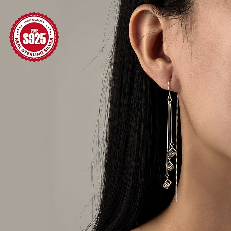 A set of women's fashion stud earrings, featuring long tassels and square hooks, perfect for a summer seaside wedding. Made of hypoallergenic 925 silver, these lightweight earrings are suitable for daily wear, wedding banquets, seaside vacations