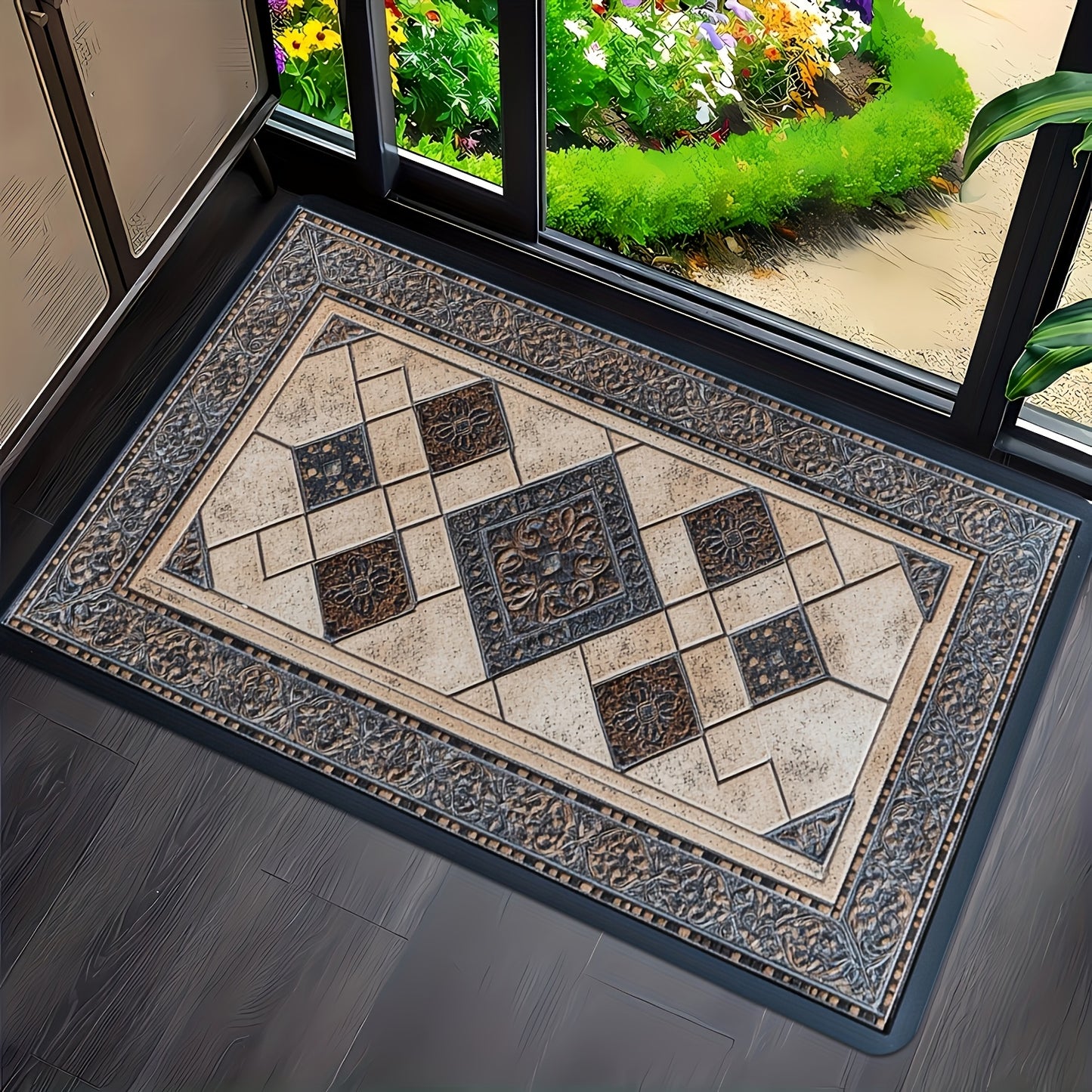 Rectangular door mat with decorative ceramic tile pattern, suitable for indoor and outdoor use. Made of machine washable polyester, ideal for living room, bedroom, kitchen, and office.