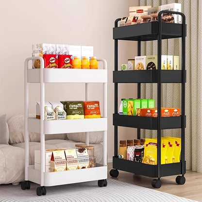 The white storage rack with wheels is a versatile 5-tier solution for organizing items in the kitchen, bathroom, or living room. It is ideal for storing snacks and coffee pods.