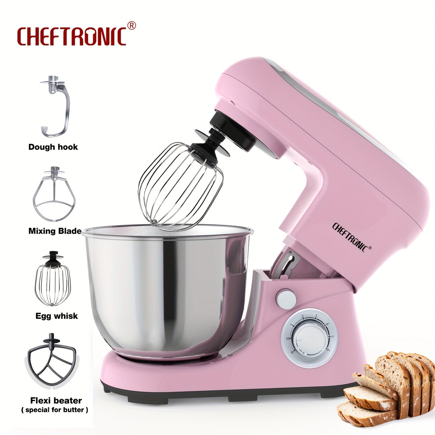 CHEFTRONIC 5.5QT Stand Mixer - 1300W 6-tezlikli Tilt-Head Oshxona Elektr Mikseri, Xamir Qopqog'i, Tuxum Qamchisi, Aralashtirish Pichog'i va Qamchi bilan - Pishirish va Ovqat Tayyorlash uchun Ideal, Metall+Plastik Tanasi.