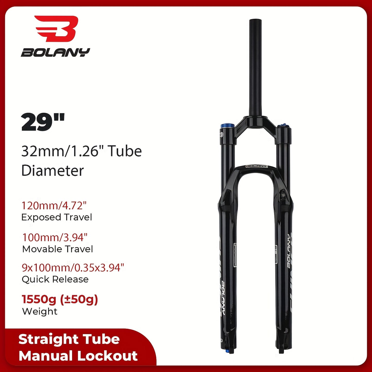 BOLANY Mountain Bike Air Suspension Fork - Lightweight aluminum alloy with 120mm travel, universal fit, quick release 9x100mm, black (1 Pack)