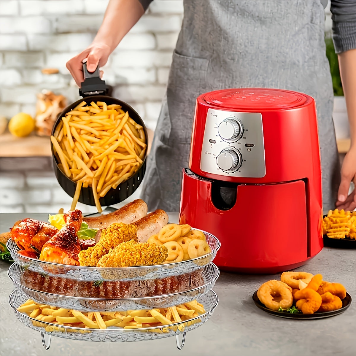 Get three stackable dehydrator racks for your air fryer, along with air fryer basket trays that are dishwasher safe. These air fryer accessories are compatible with ovens, pressure cookers, and most air fryers.