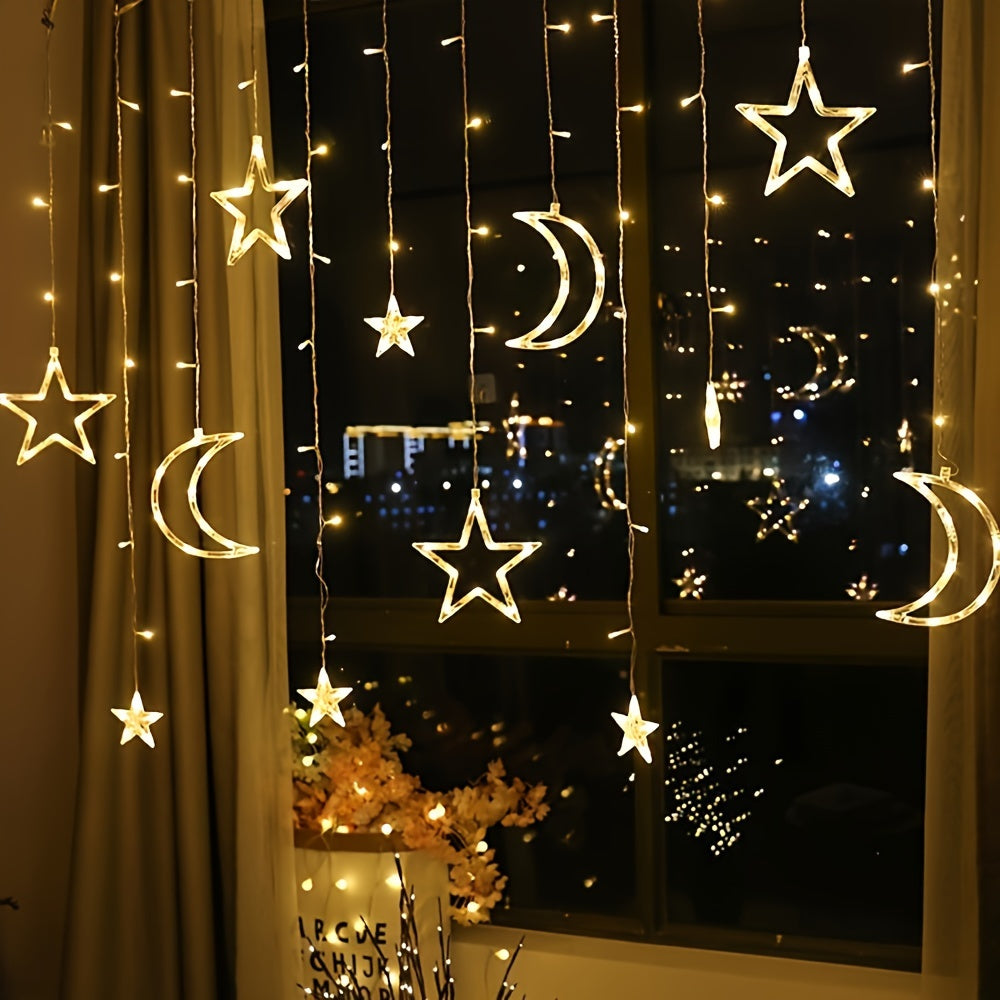 1 set of LED fairy curtain lights with stars and moon for decoration during various events including Ramadan, Valentine's Day, weddings, birthdays, graduation ceremonies, parties, and