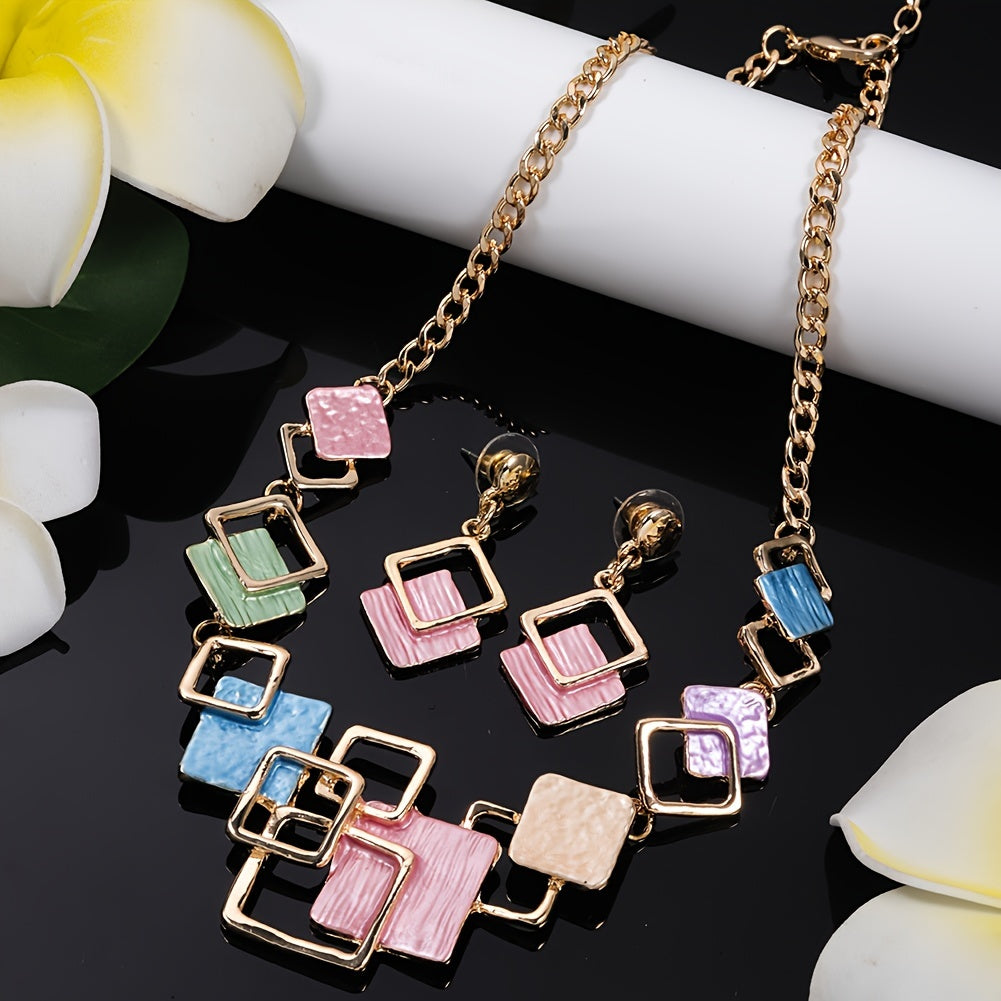 One trendy geometric design jewelry set includes one pair of earrings and one necklace in boho style, perfect to match with daily outfits or as a party accessory. Made from enamel, this set is a must-have addition to your jewelry collection.