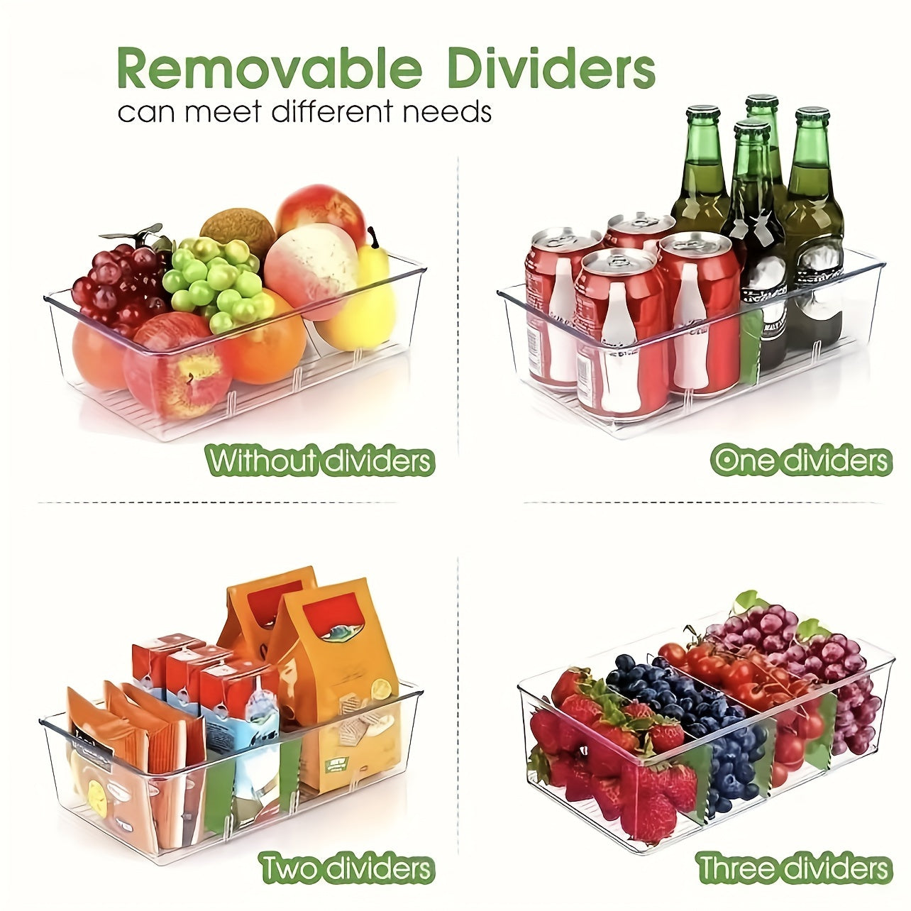 Transparent refrigerator organizer bins available in sets of 2, 4, or 6, featuring removable dividers. Ideal for storing various items such as fruits, vegetables, meat, eggs, ginger, garlic, and more. Perfect for keeping your kitchen organized at home or