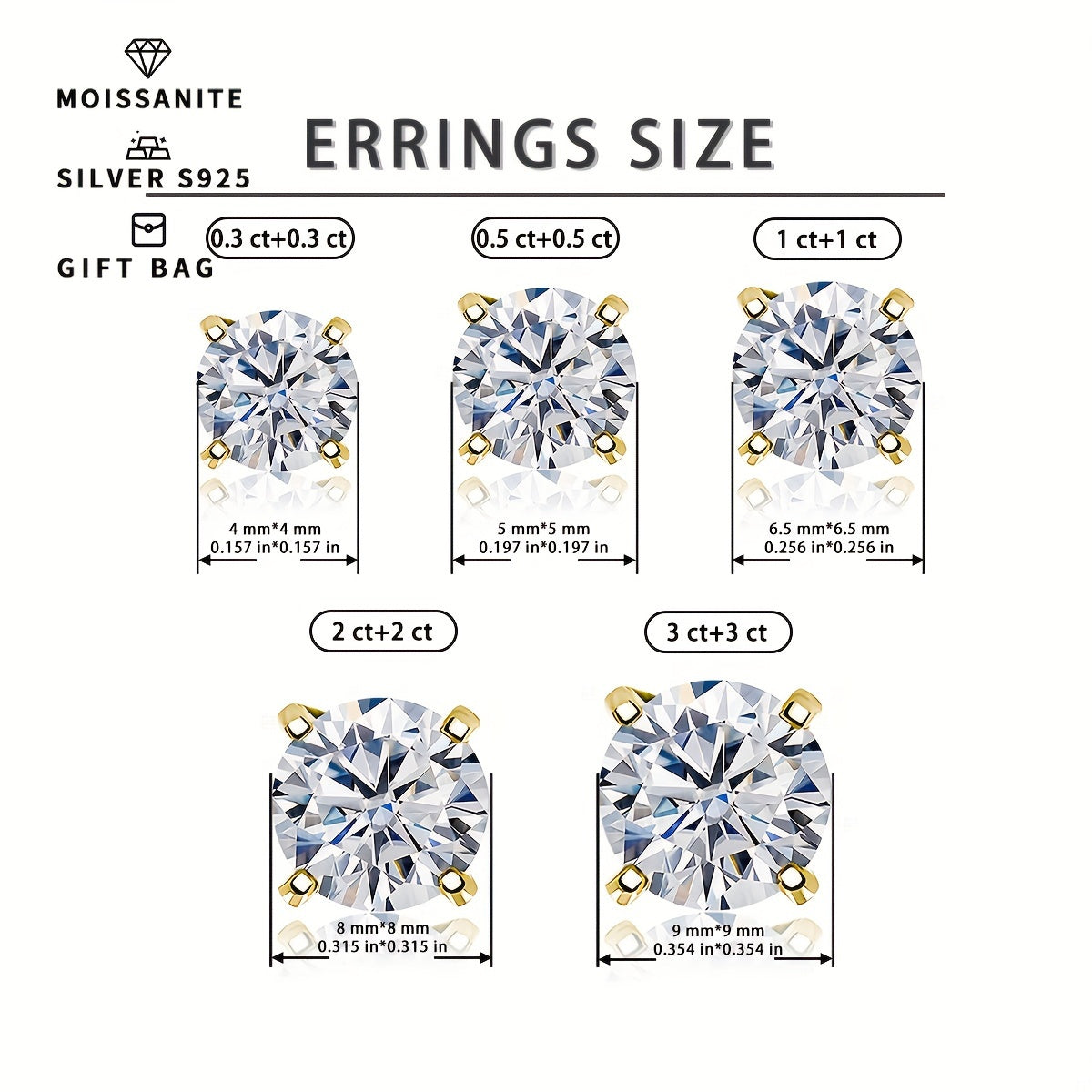 Elegant and fashionable women's jewelry - a pair of S925 silver earrings with platinum and gold plating, featuring round white moissanite stones in a simple 4-prong setting. Available in sizes ranging from 0.3CT to 3CT.