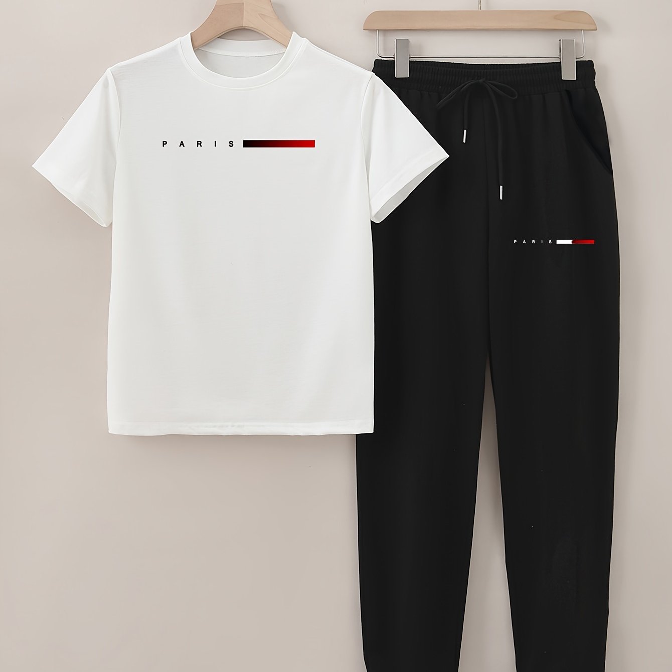 PARIS Simple Letter Print T-shirt and Trousers Set for Men, Young Students - Loose Fashion Trend Casual Sports Wear for Summer