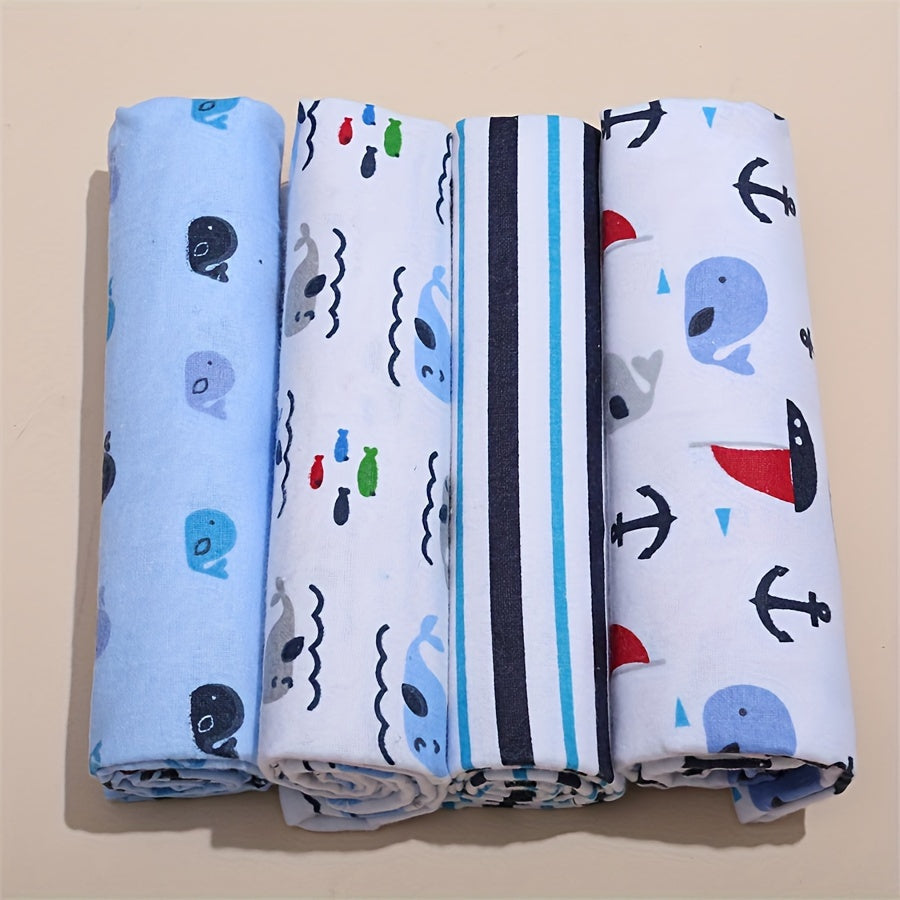 Set of 4 Cartoon Animal Print Swaddles for Babies: Hand wash recommended, Ideal for Ages 0-3 Years, Made from 100% Cotton