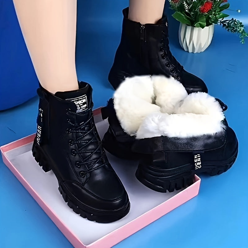 Winter 2024 Black Ankle Boots for Women - Fleece-Lined, Non-Slip Sole, Comfortable Lace-Up Style with Side Zipper, Perfect for Casual Wear