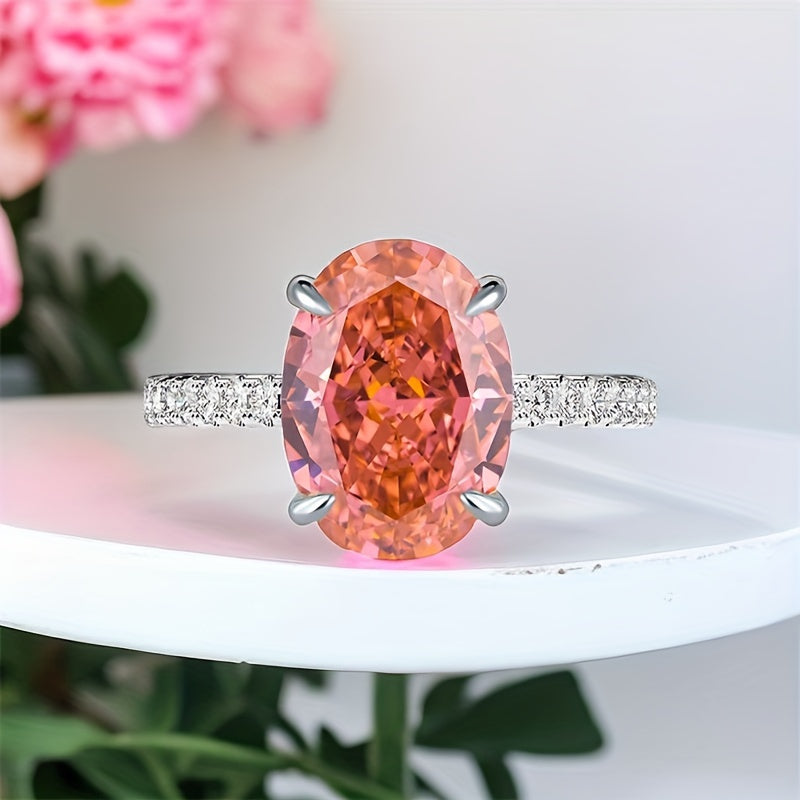 Introducing the MEETMAY S925 Classic Ring in Papalacha Lotus Pink, featuring a high-quality synthetic cubic zirconia ice cut oval measuring 8x10mm. This elegant Western-style ring is versatile for all seasons, perfect for daily wear or special occasions