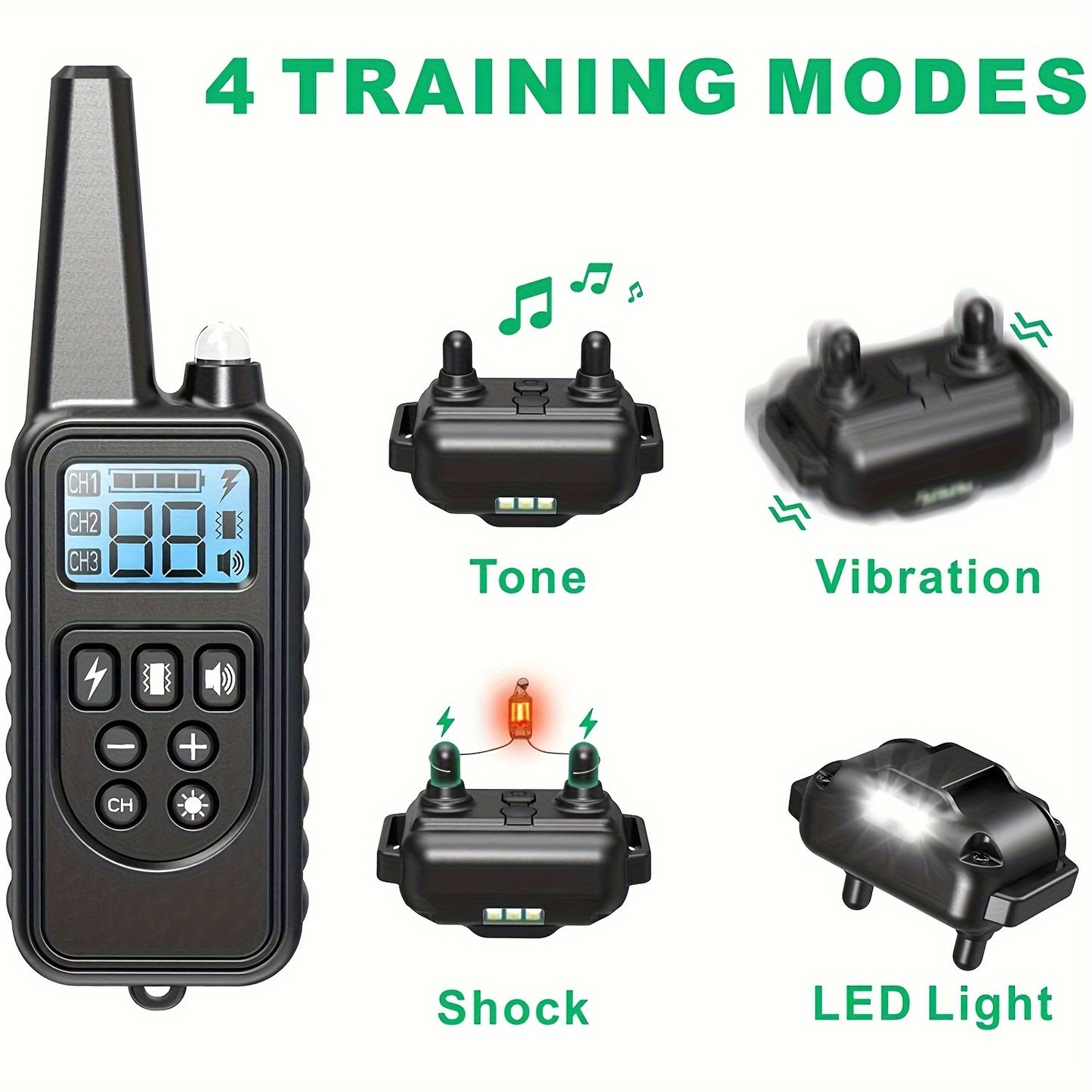 Remote shock collar for dogs with LED light, beep, vibration, shock, and rechargeable battery, suitable for medium to large dogs.