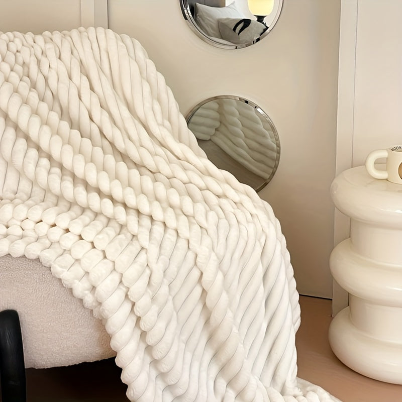 Modern Plain White Flannel Knitted Throw Blanket - Soft and Cozy for Sofa, Bed, or Travel - Lightweight and Comfortable All-Season 1pc Blanket - Multipurpose Polyester Material, 200-250gsm - No Embellishments