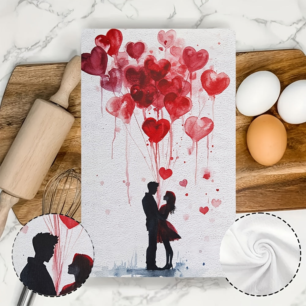 Set of 2 Romantic Valentine's Day Kitchen Towels - Made from Ultra Soft & Highly Absorbent Polyester, Measuring 40.64x60.96 cm, These Machine Washable Dish Hand Towels Feature a Charming Heart Balloon Illustration - Perfect for Holiday Decor & Thoughtful