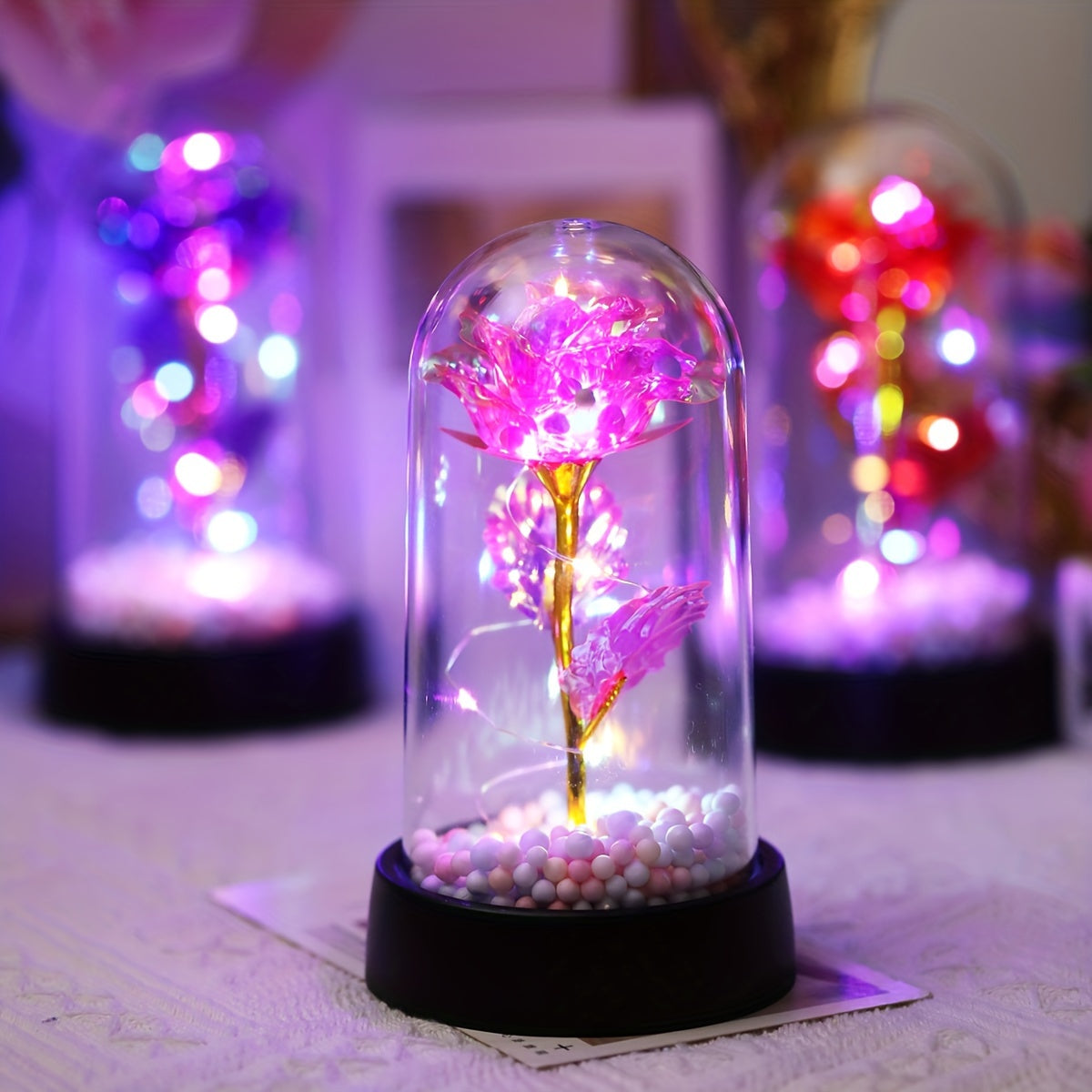 Modern LED Rose Flower Night Light with Golden Foil Accents, Battery Operated for Bedroom Decor, Special Occasions, and Gifts.