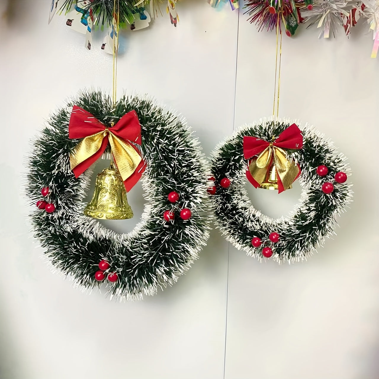 20/30cm Christmas Garland: Dark Green with White Edge, Bells, Red Fruit, Classic Bow