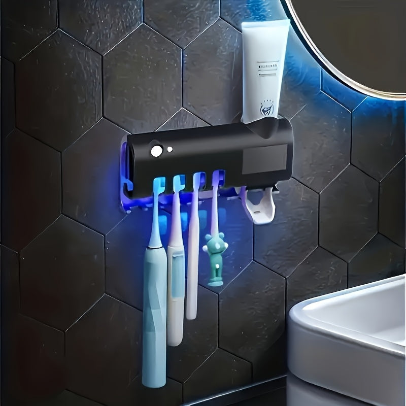 UV Sterilizing Toothbrush Holder with Toothpaste Dispenser, Wall-Mounted, Intelligent Disinfection, Bathroom Accessories, No-Drill Installation.