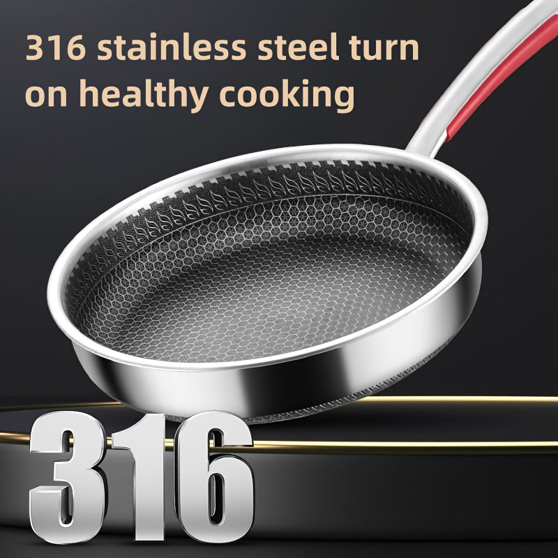 One-piece frying pan made of durable 316 stainless steel, featuring a honeycomb pattern that resists scratches and ensures non-stick cooking. Provides even heat distribution with minimal oil and smoke. Compatible with all stovetops and comes with a lid.