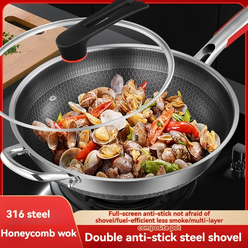 Stainless Steel Wok with Glass Lid and Honeycomb Non-Stick Coating - Features Full Screen Anti-Scratch Vertical Pot Cover, Dual Anti-Stick Shovels, and Scratch-Resistant Design - Perfect for Gas and Induction Cooktops