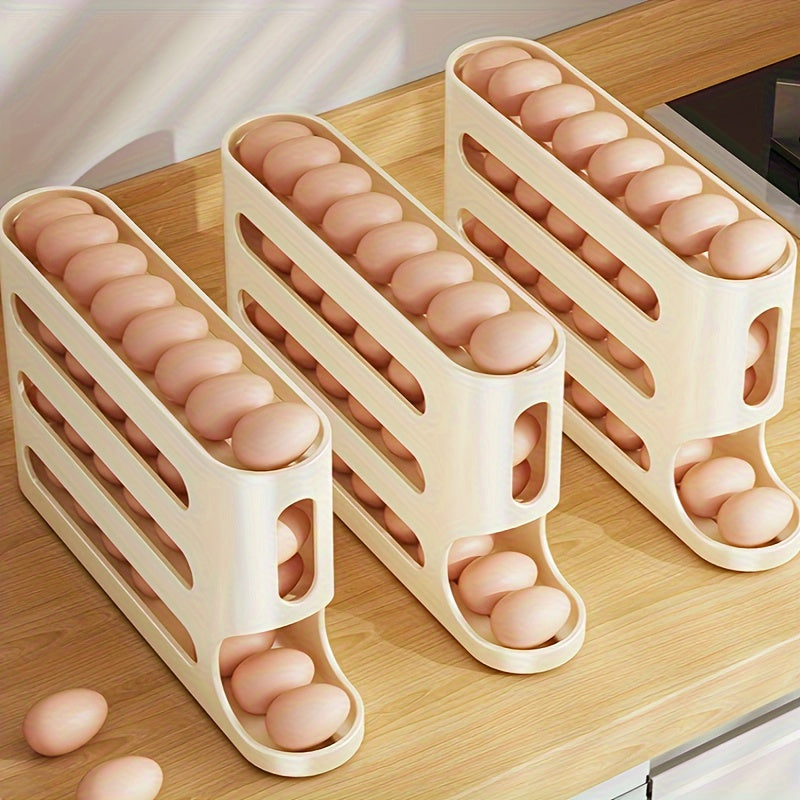 Large capacity refrigerator egg storage box with automatic egg roller slide and 4-layer ladder design.