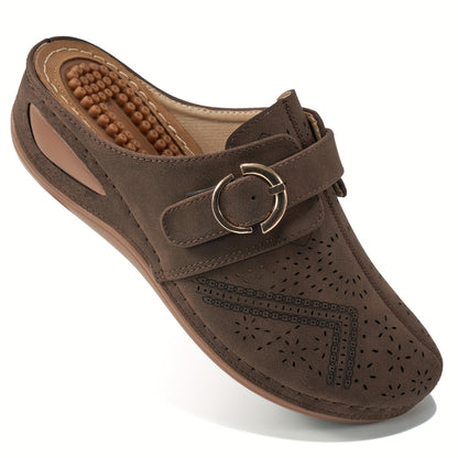 Women's trendy wedge clogs with closed toe and buckle strap decor, casual outdoor slide sandals.