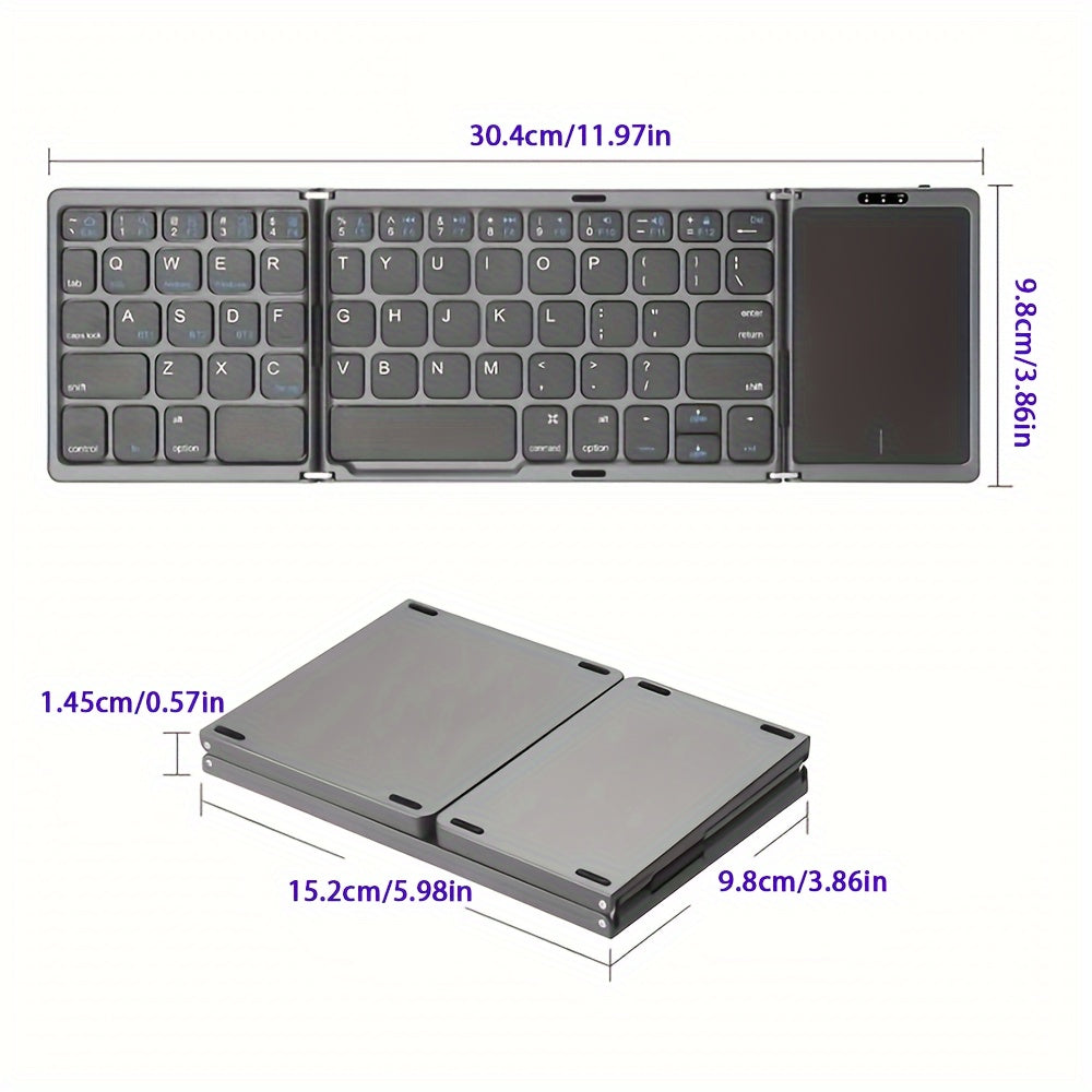 Compact foldable wireless keyboard with touchpad for Windows, Android, iOS, and Mac devices, perfect for tablets and smartphones.