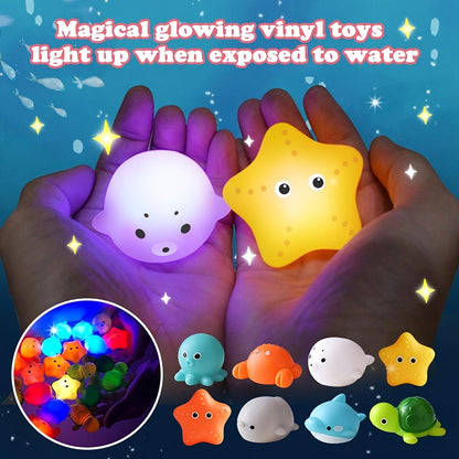 Colorful glow-in-the-dark bath toy set of luminous ocean animals made of PVC, with batteries included. Fun and educational bathtub game for youngsters.