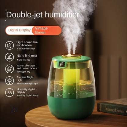 Quiet USB humidifier with large capacity, perfect for bedroom or desk, with dual mist settings, night light, and digital display.