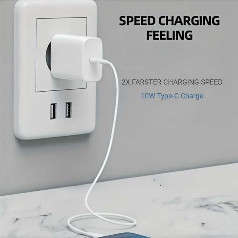 Compact 10W USB-C charger with EU plug, great for European travel, works with iPhone, iPad, Galaxy, and other USB-C devices, ensures safe and smart power delivery.