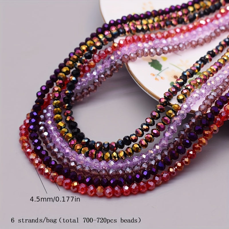 720 pieces of faceted glass rondelle beads measuring 4mm each, sold in a convenient bag. Perfect for crafting jewelry, DIY projects, and adding embellishments to clothing items such as necklaces, bracelets, and more.