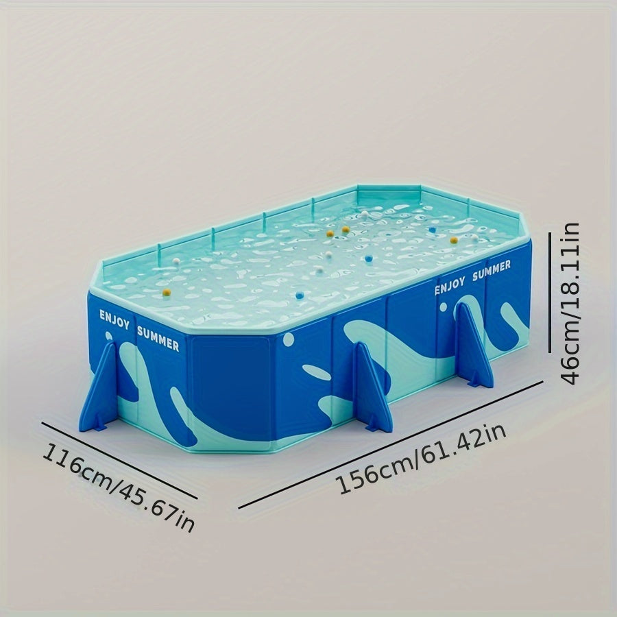 Inflatable swimming pool made of durable PVC material in a rectangular shape suitable for ages 14+.