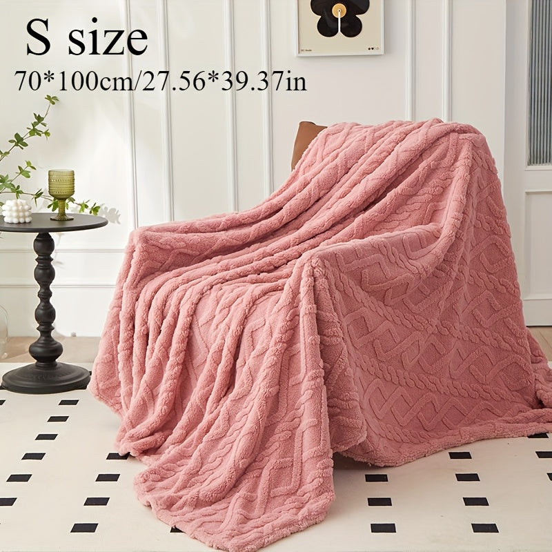 Cozy coral fleece blanket in chic diamond pattern. Ultra-soft, warm, and comfortable for bed, sofa, or travel. Available in beige, green, pink, and blue. Made of lightweight polyester. Hand wash only.