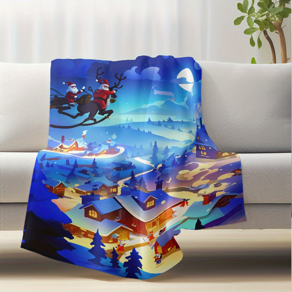 Christmas Night Sky & Snowy Village Flannel Plush Blanket - Soft and Cozy Lightweight Throw for Home, Office, or Travel. Versatile All-Season Blanket made from Durable Polyester Fabric. Machine Washable and Contemporary in Style. Perfect for Camping, Car