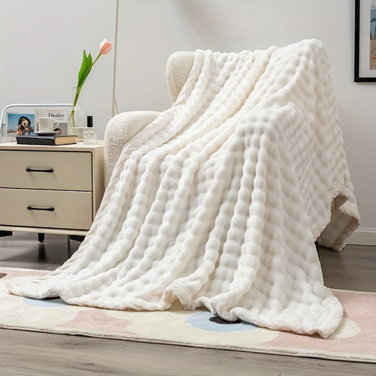 Ideal Birthday Gift: Luxurious White Bubble Fleece Blanket, made of 100% Polyester with All-Season Knit Fabric,  Soft and Cozy for Living Room, Office, Bedroom, Camping, Pet use. Versatile Throw in Contemporary Style, weighing 250-300gsm.