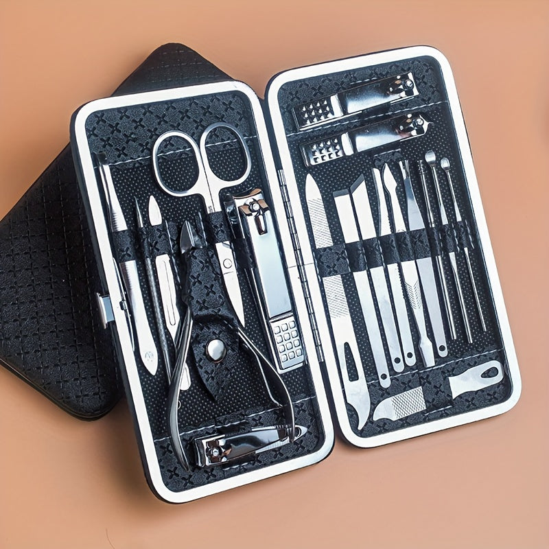 Manicure and pedicure set with nail clippers, files, ear spoon, and portable case for nail care at home or on-the-go.