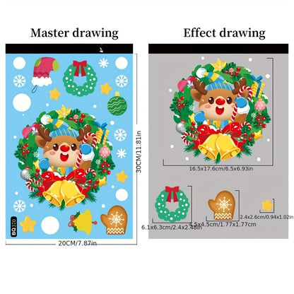 Set of Christmas window clings featuring PVC static Santa Claus and reindeer decals, along with a freestanding festive rabbit theme decor. These non-electric, featherless decals are perfect for adding a touch of holiday cheer to your home. Use them to