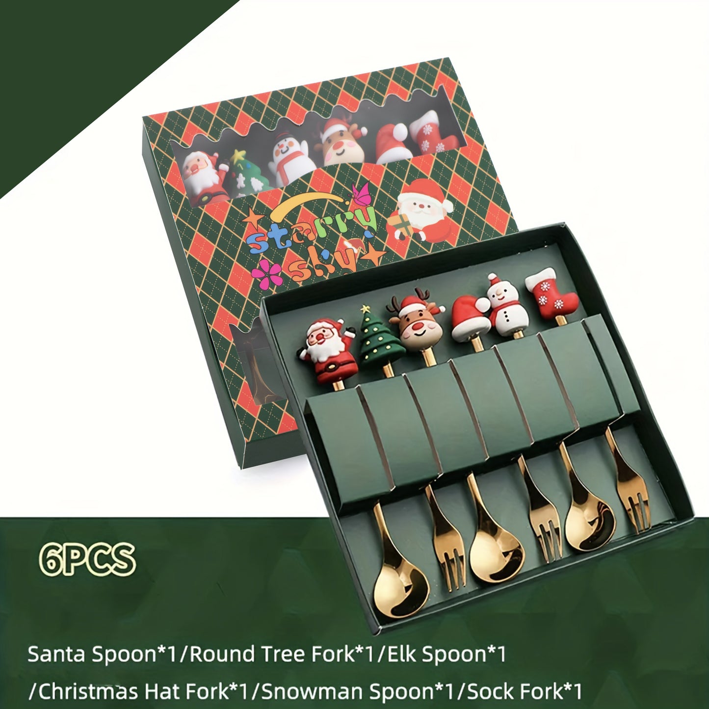 Christmas fork and spoon set, 4/6 pieces stainless steel tableware for Christmas party decoration. Gift set includes coffee, tea, and dessert forks and spoons.