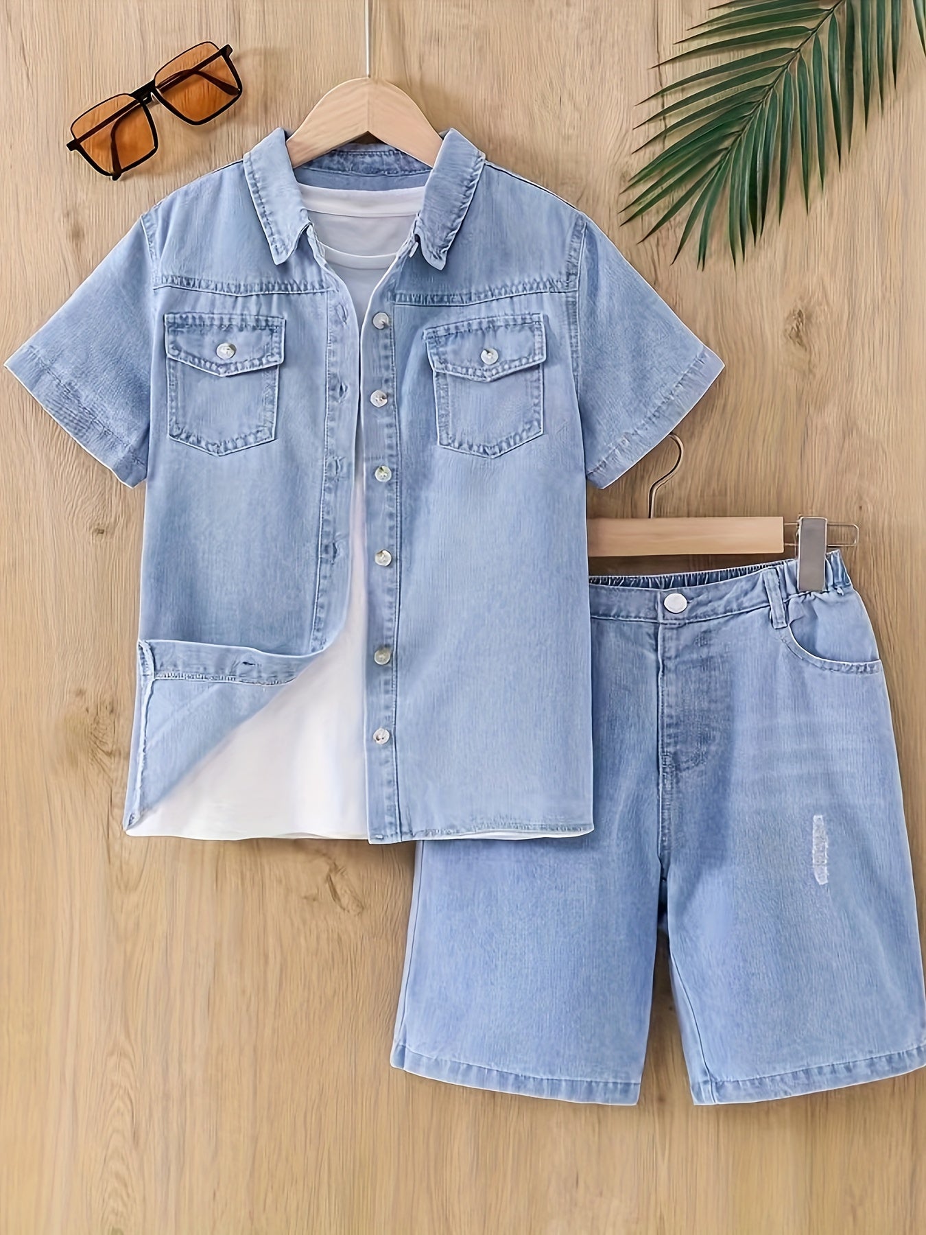 Boy's casual denim outfit includes short sleeve shirt and ripped short jeans for summer daily and outdoor wear.