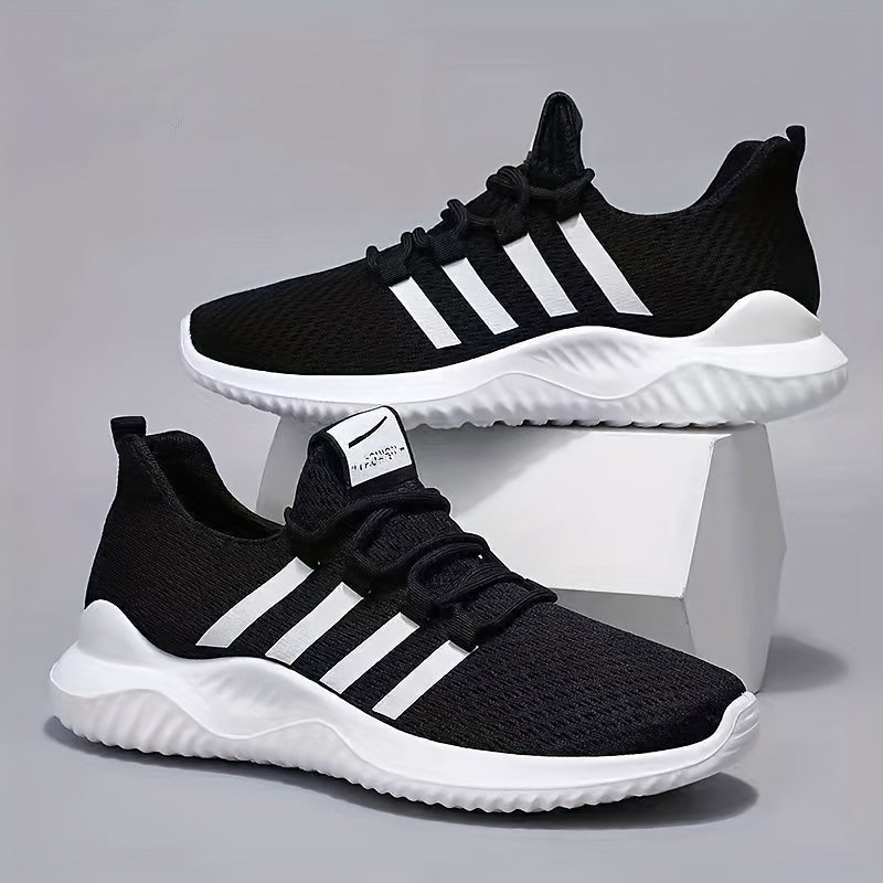 Unisex Striped Lace-up Sneakers with Breathable Fabric Upper and PVC Sole, designed for Casual Sports Style. Suitable for Men and Women with Normal Pronation, All-Season Lightweight Running